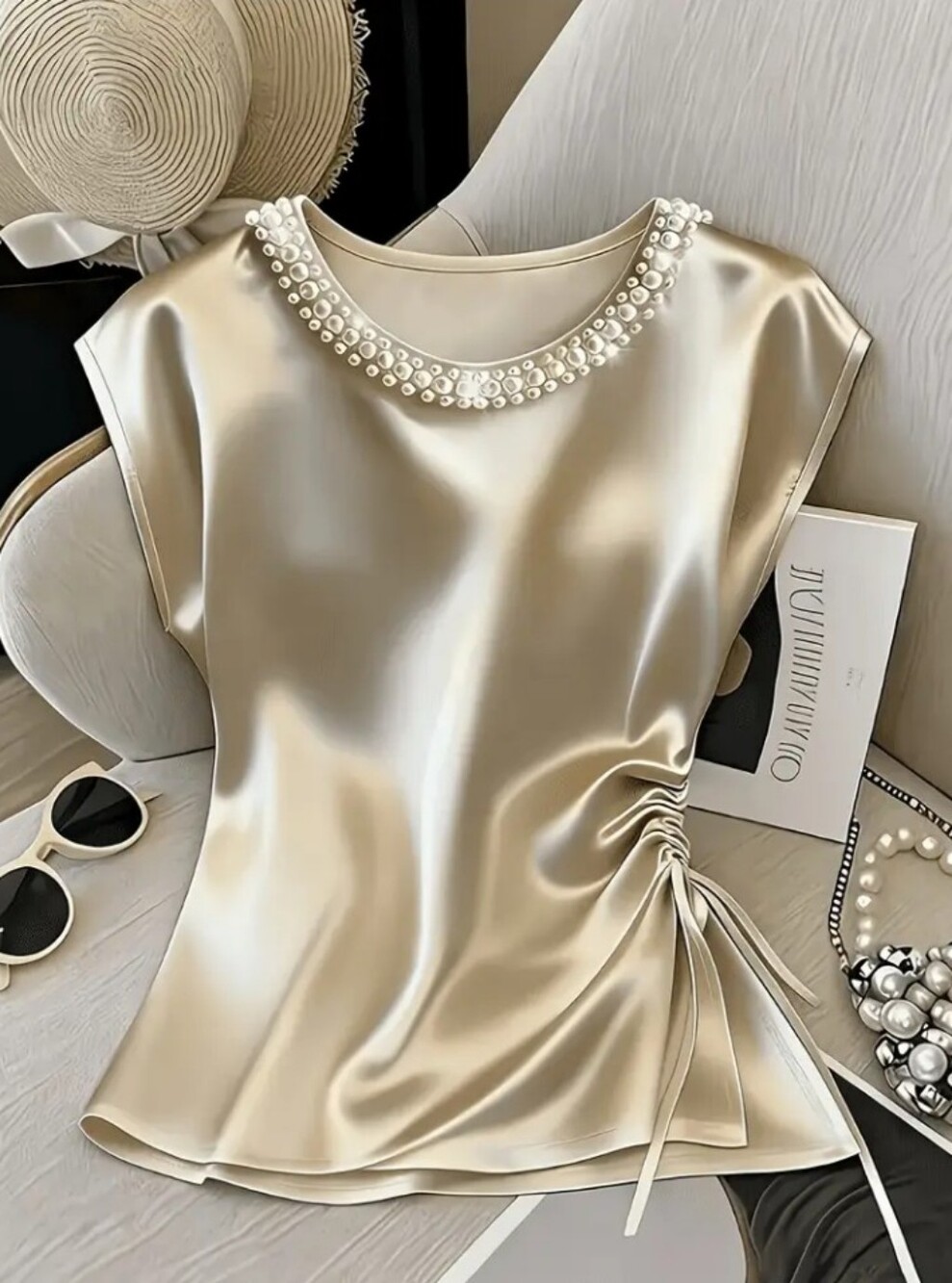 Spring Summer New Solid Color Sleeveless Top, Round Neck Pearl Decor Elegant